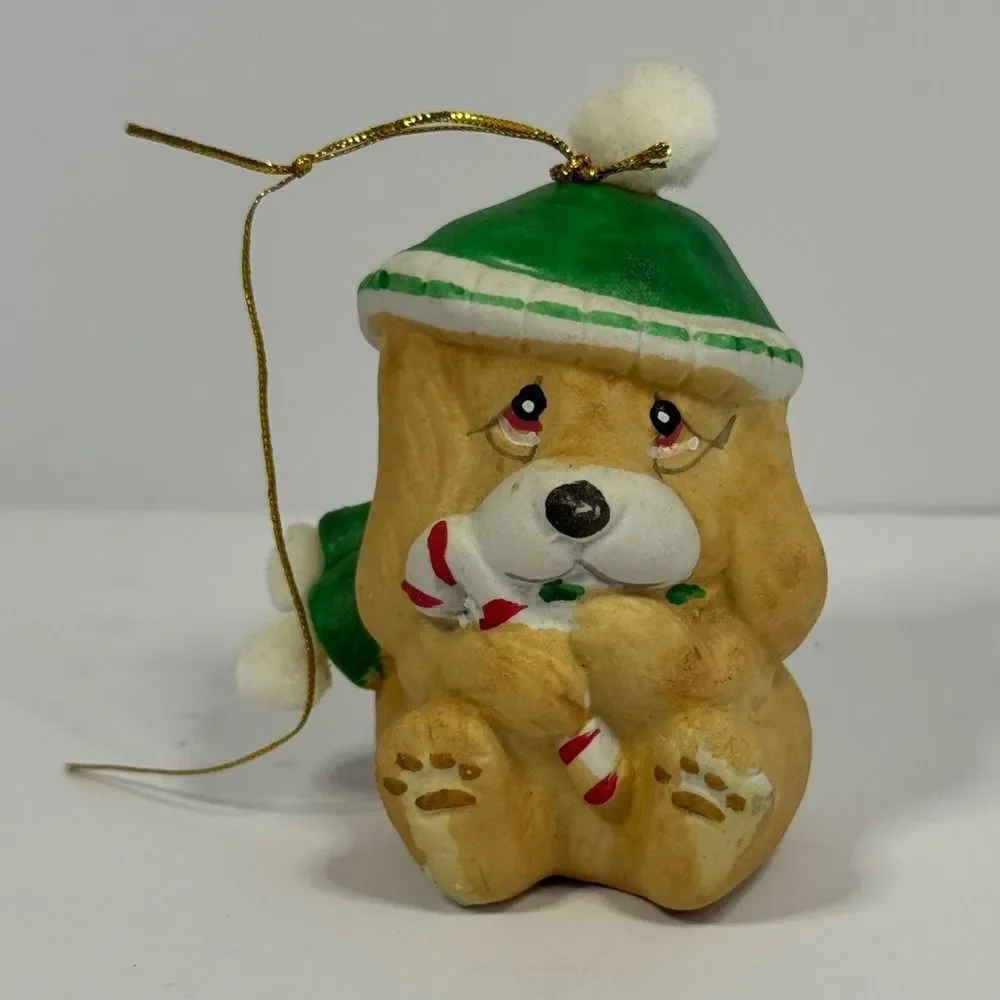 Vintage Happy Bear Bell Christmas Ornaments Dog Green Santa Hat Porcelain